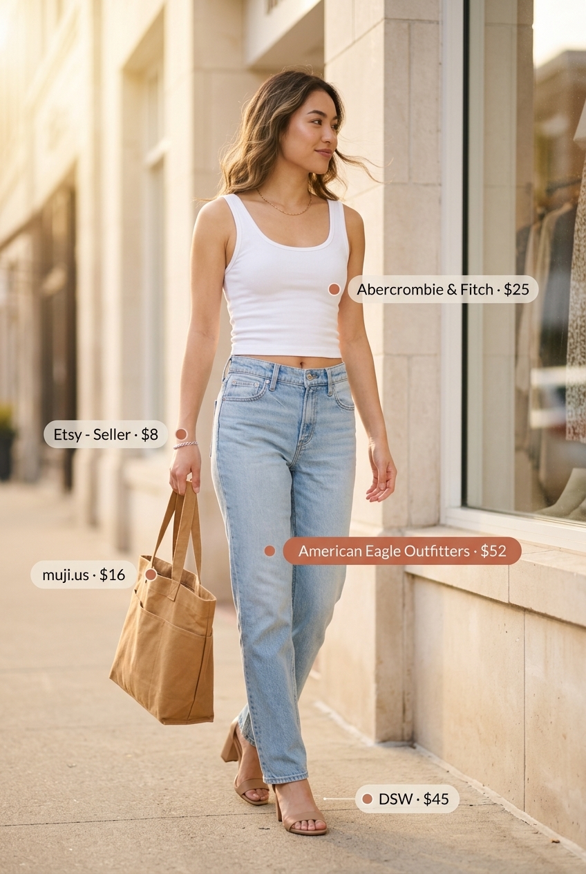 Casual light wash jeans outfit with white tank, silver bracelet, and tan heeled sandals for summer 2026.