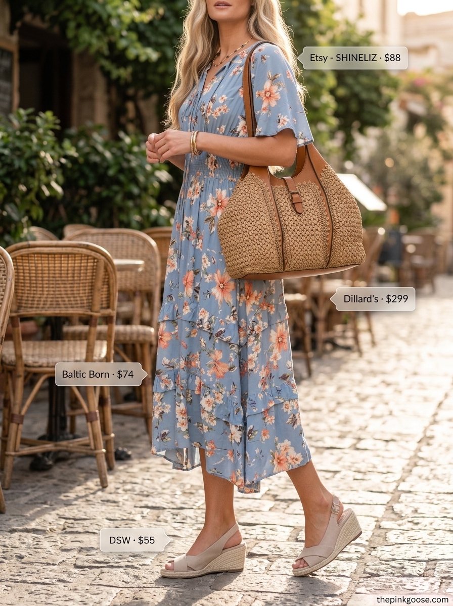 Floral midi dress and espadrille wedge heeled sandals for bohemian summer outfits with heeled sandals 2026.