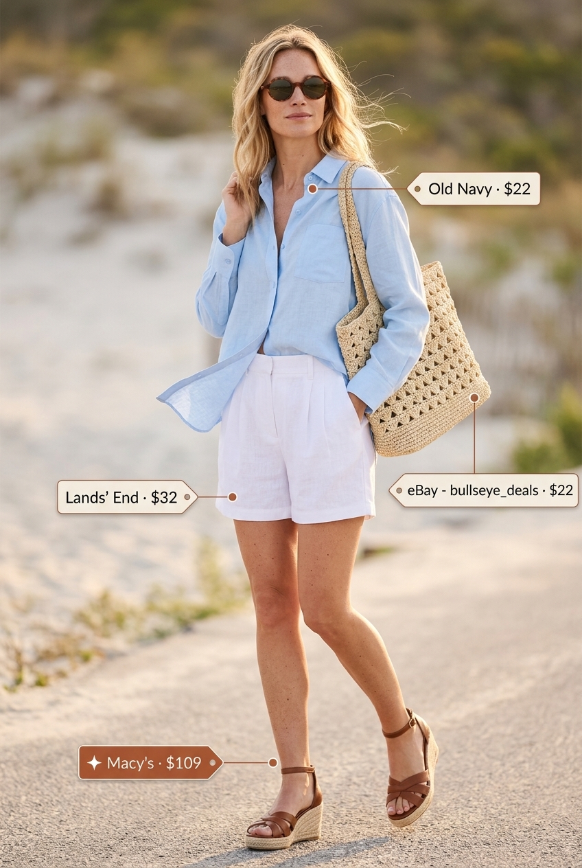 Coastal sky blue linen shorts outfit with white linen shirt, tan espadrilles, and straw tote for summer 2026.