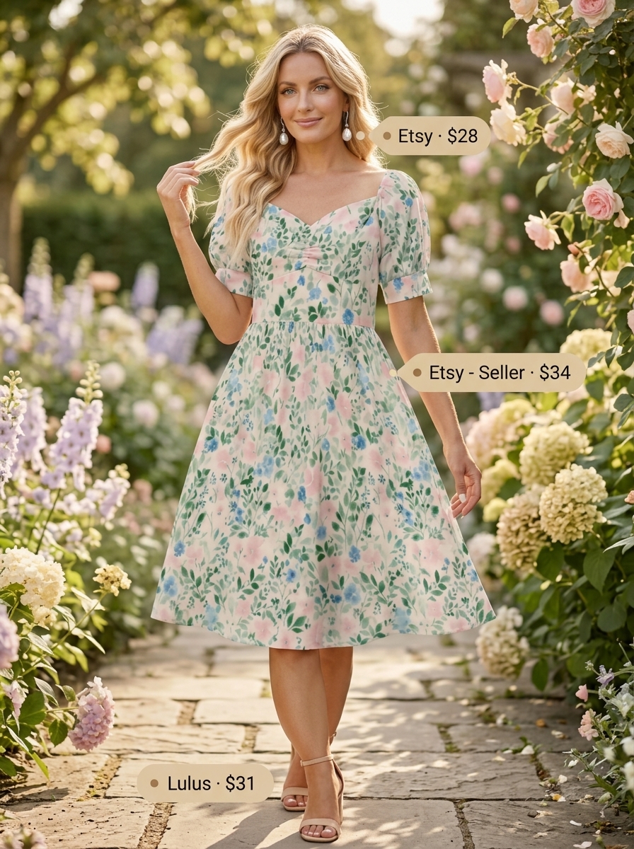 Elegant summer outfits with heeled sandals 2026: Floral midi dress, nude heeled sandals, and straw bag.
