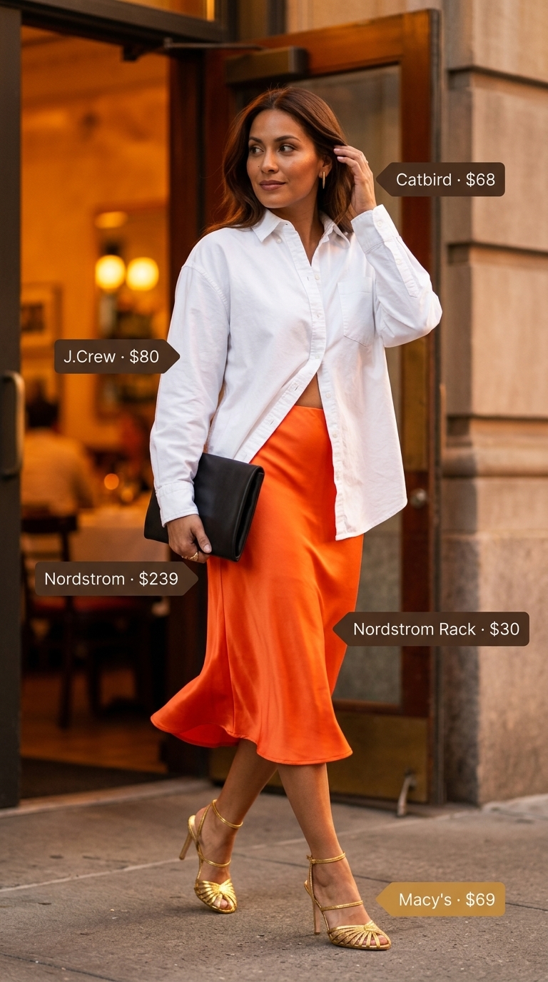 Vibrant summer outfits with heeled sandals 2026: Orange midi skirt, white shirt, and gold heeled sandals.
