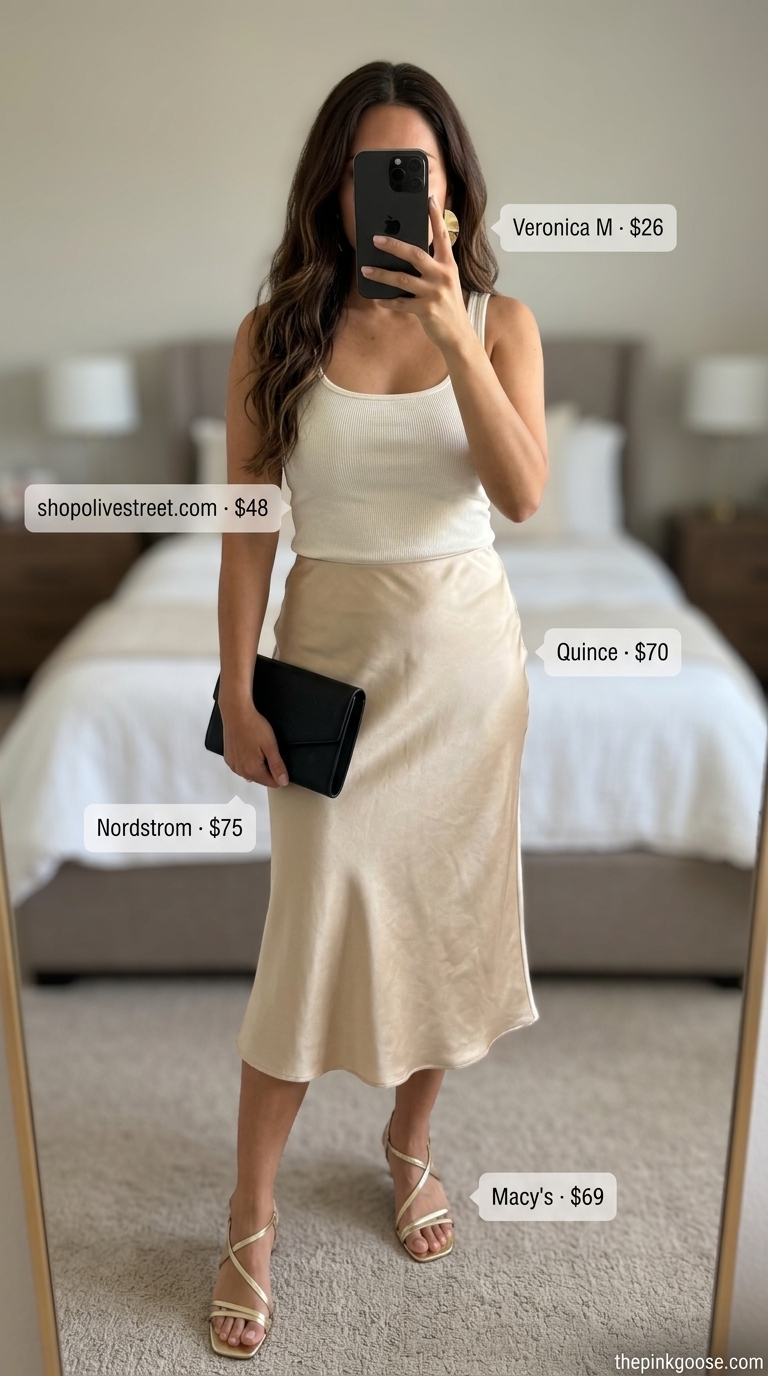 White knit tank, champagne satin skirt, and gold heeled sandals for elegant summer outfits with heeled sandals 2026.