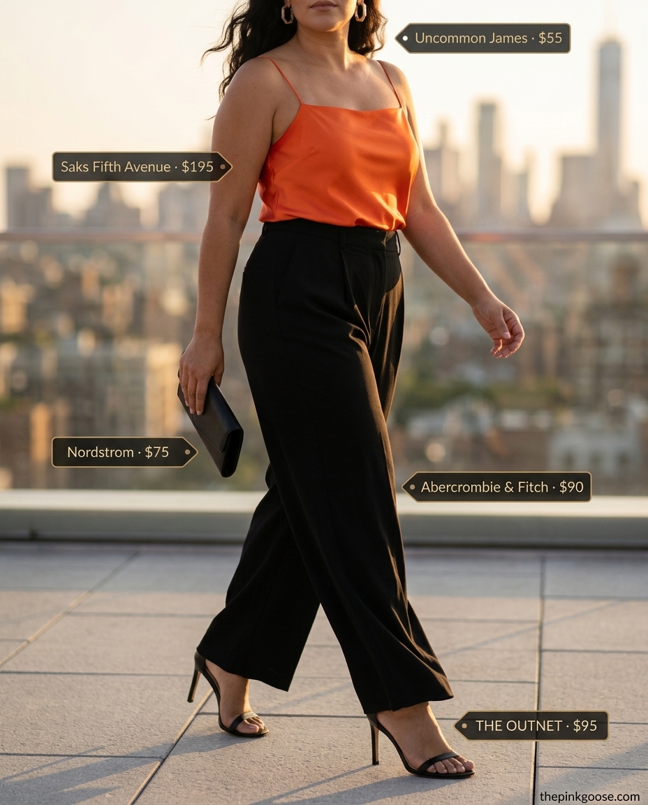 Orange satin camisole, black wide-leg pants, and black heeled sandals for summer evening outfits with heeled sandals 2026.