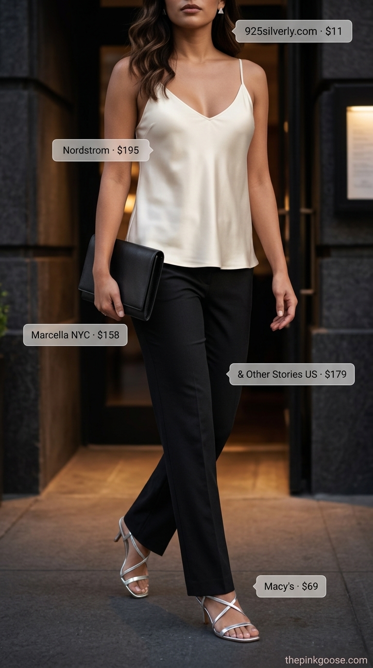 Chic summer outfits with heeled sandals 2026: Black trousers, cream camisole, and silver heeled sandals.