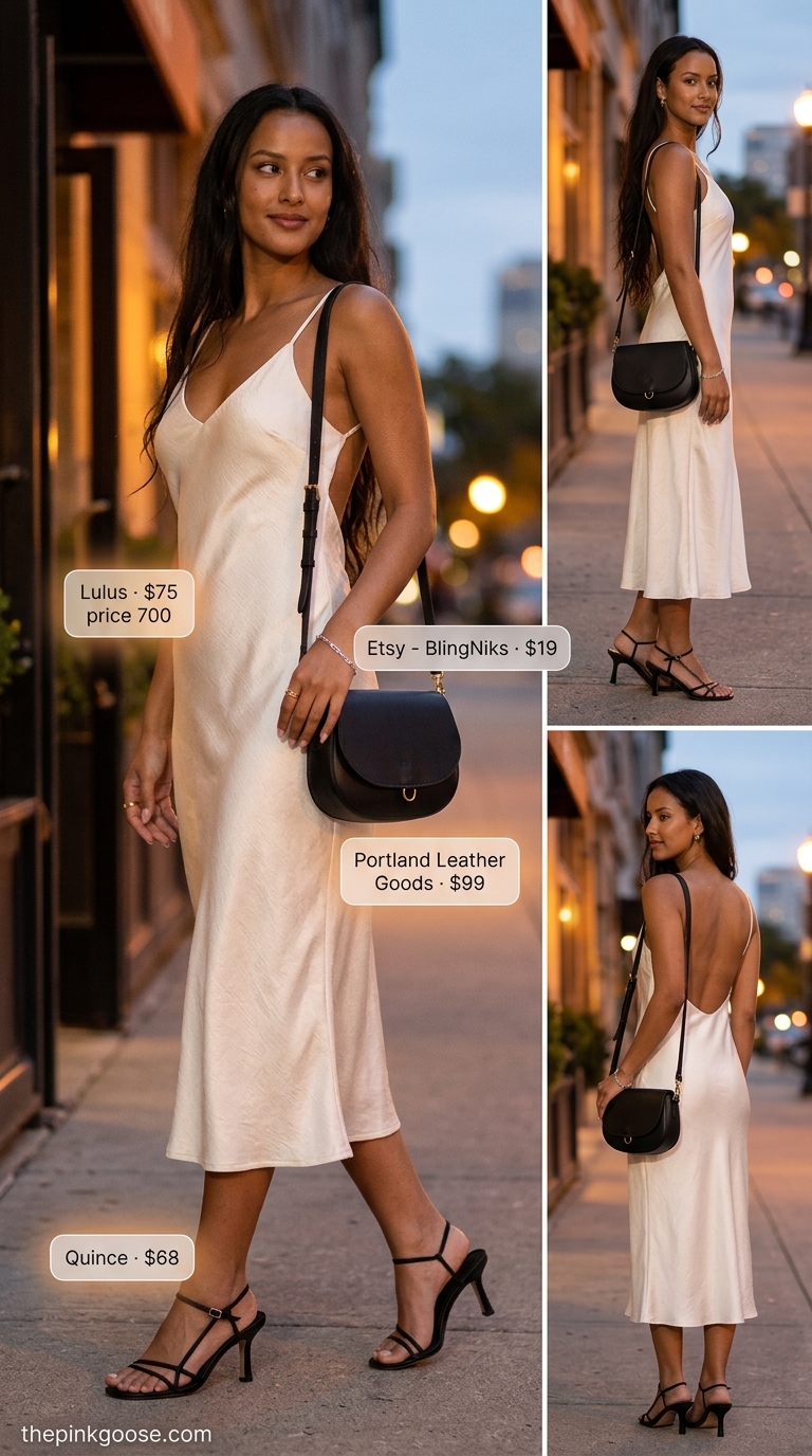 Minimalist summer outfits with heeled sandals 2026: Ivory slip dress, black moto jacket, and black heeled sandals.