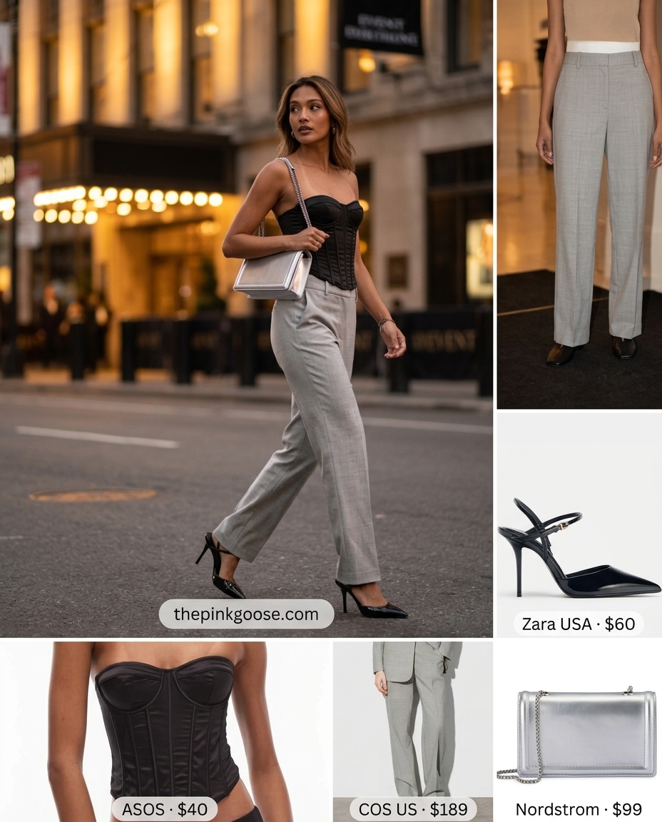 Modern cream trousers outfit with black corset top, silver jewelry, and black heeled sandals for summer 2026.