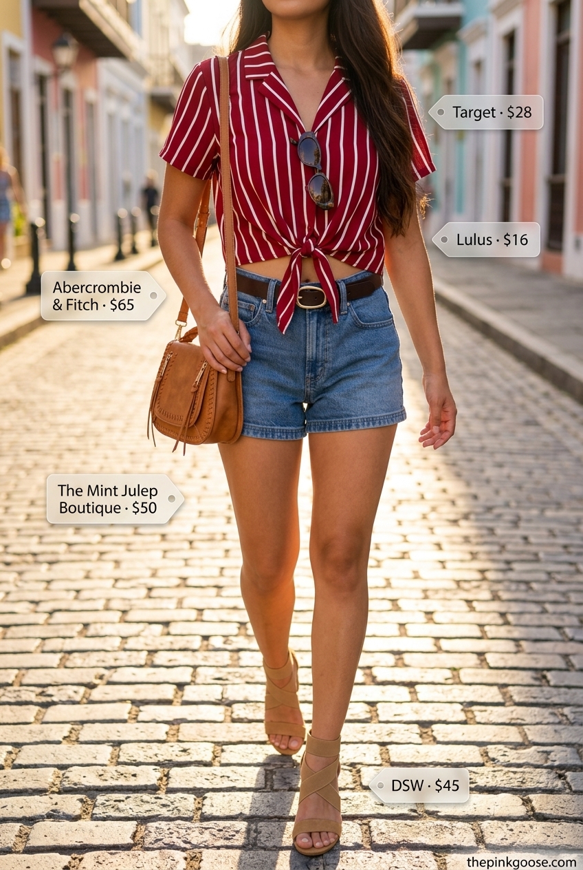 Retro denim shorts outfit with striped crop top, tan heeled sandals, and cat-eye sunglasses for summer 2026.
