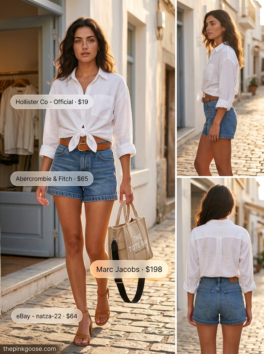 Denim shorts, white linen shirt, and tan heeled sandals for seaside summer outfits with heeled sandals 2026.