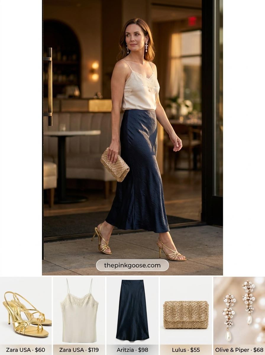 Navy maxi skirt, cream camisole, and gold heeled sandals for elegant summer outfits with heeled sandals 2026.