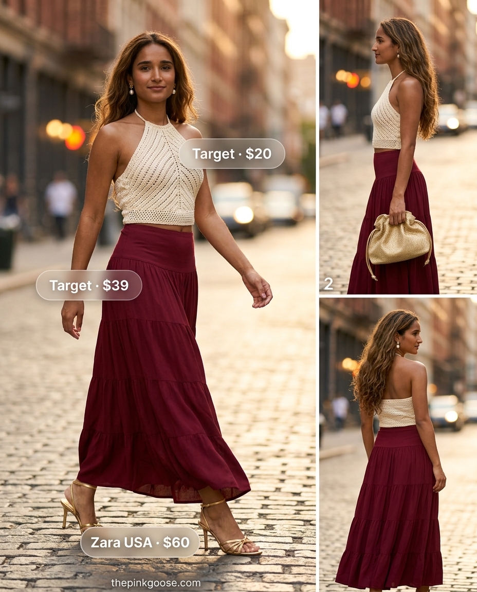 Romantic summer outfits with heeled sandals 2026: Burgundy maxi skirt, cream crochet top, and gold heeled sandals.