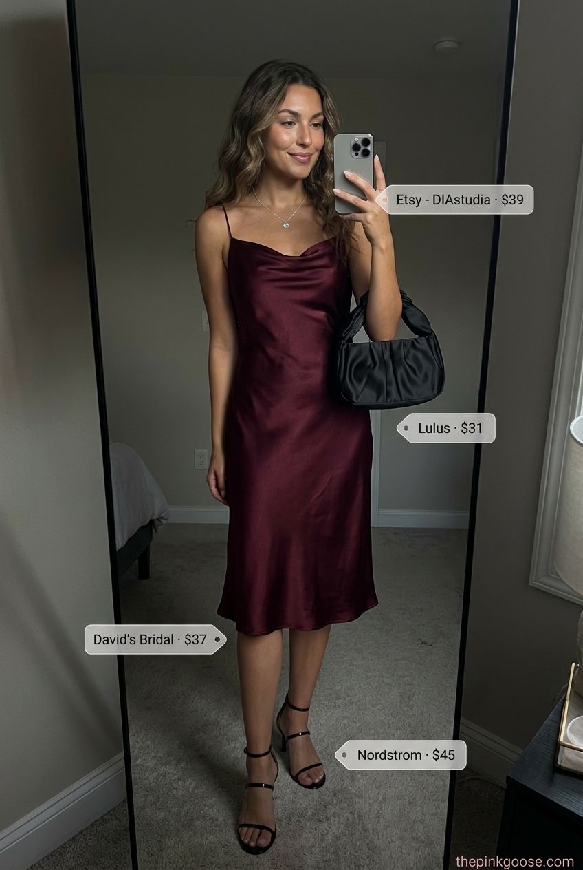 Seductive summer outfits with heeled sandals 2026: Burgundy satin slip dress, black heeled sandals, and silver necklace.