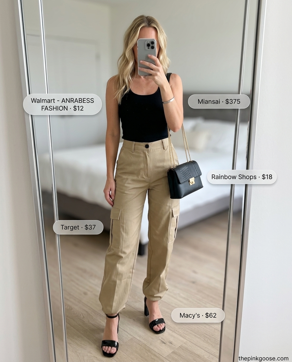 Khaki cargo pants, black tank, and black heeled sandals for urban summer outfits with heeled sandals 2026.
