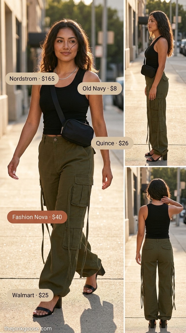 Olive cargo pants, black tank, and black heeled sandals for cool summer outfits with heeled sandals 2026.
