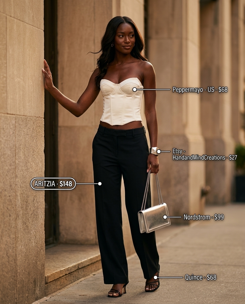 Urban black trousers outfit with ivory corset top, silver cuff, and black heeled sandals for summer 2026.