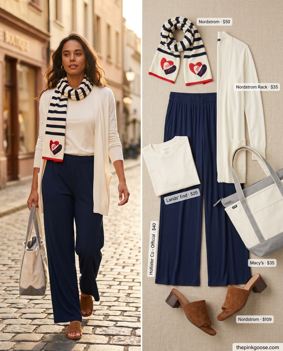 Chic summer outfits with heeled sandals 2026: Navy wide-leg pants, cream tee, cardigan, and tan heeled slides.