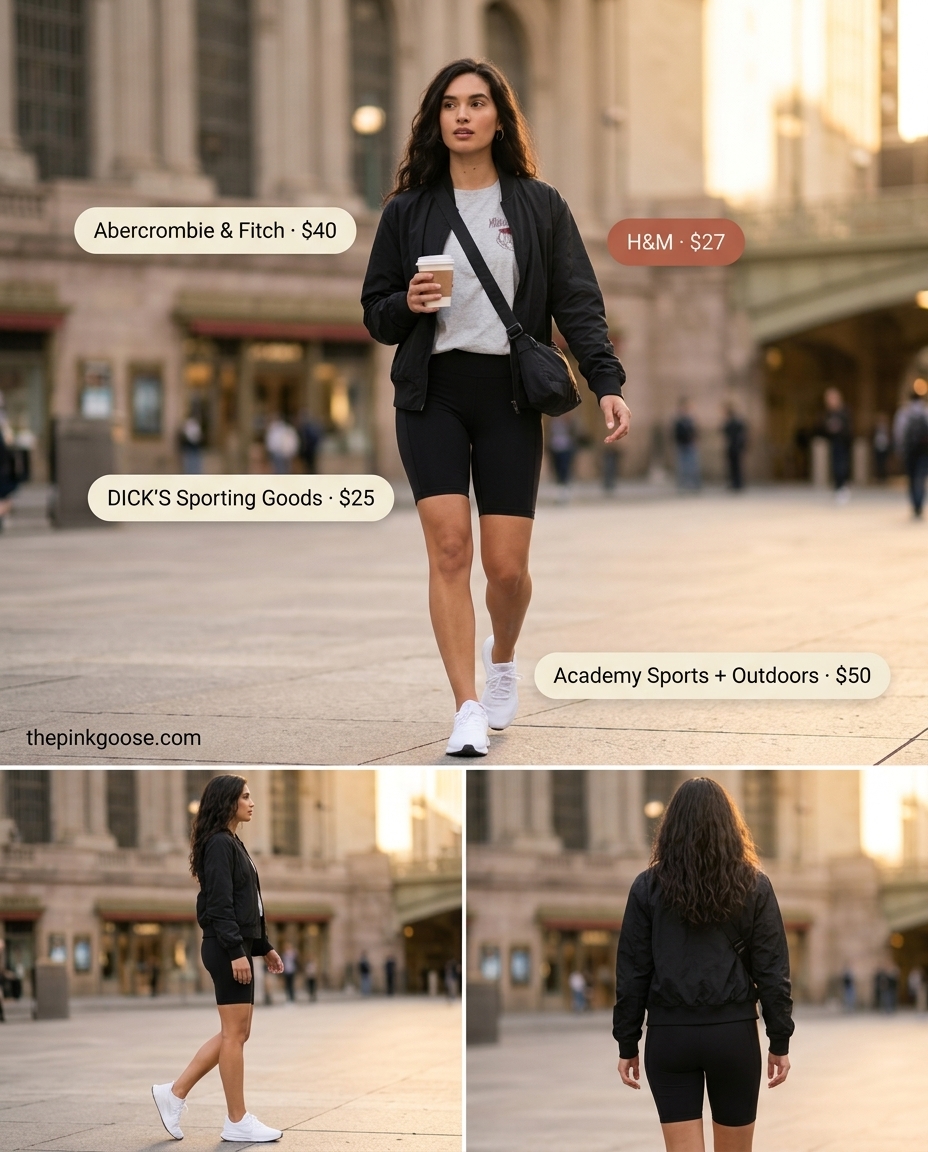 Athleisure summer outfits with white sneakers 2026: Grey graphic tee, black biker shorts, bomber jacket, and white sneakers.