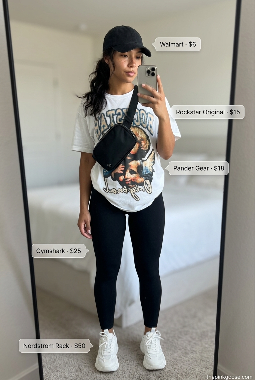 Black leggings, graphic tee, and chunky white sneakers, edgy summer outfits with white sneakers 2026 for athleisure.