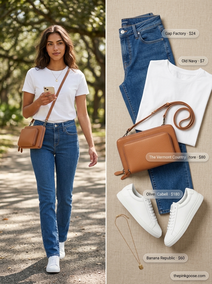 Blue jeans, white tee, and white sneakers, casual summer outfits with white sneakers 2026 for campus.