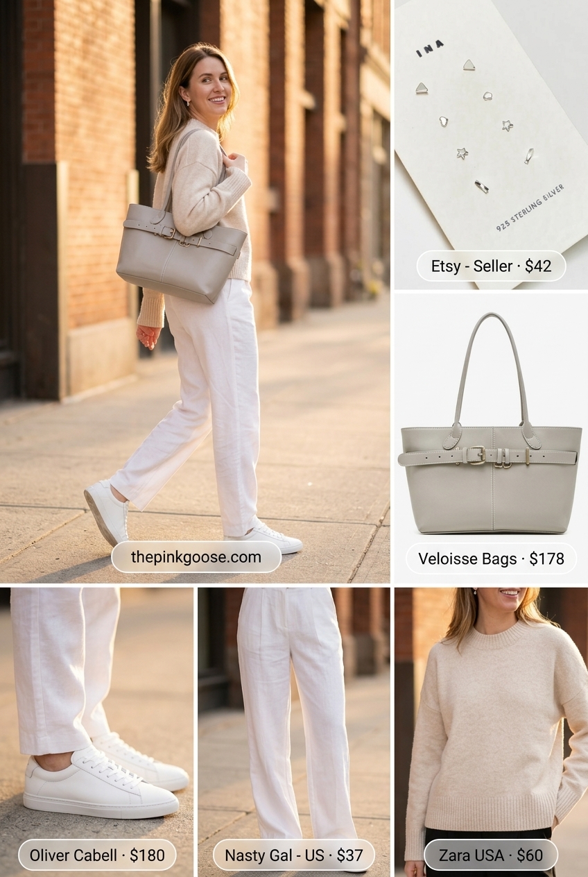 Smart casual summer outfits with white sneakers 2026: White trousers, knit sweater, and minimalist white leather sneakers.