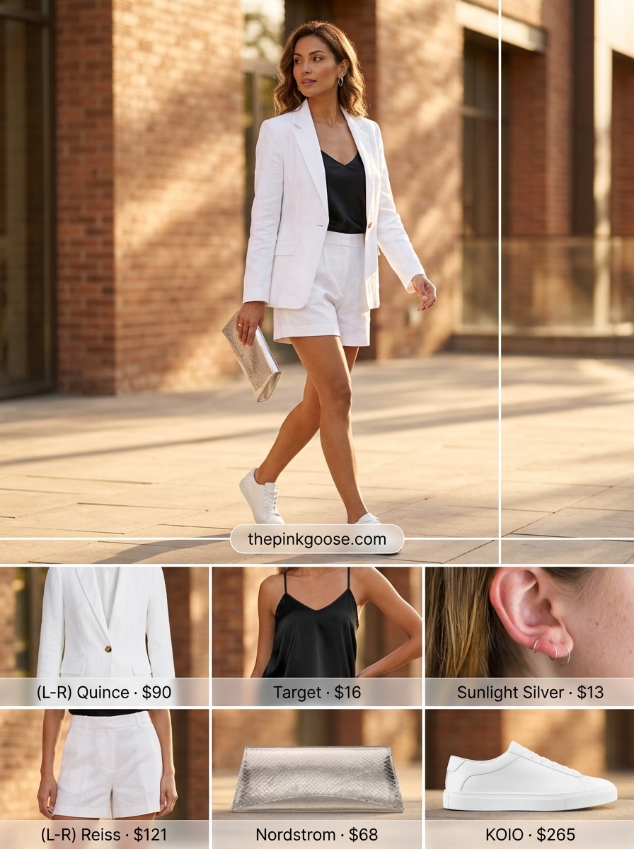Chic summer outfits with white sneakers 2026: White linen shorts, blazer, black cami, and white leather sneakers.