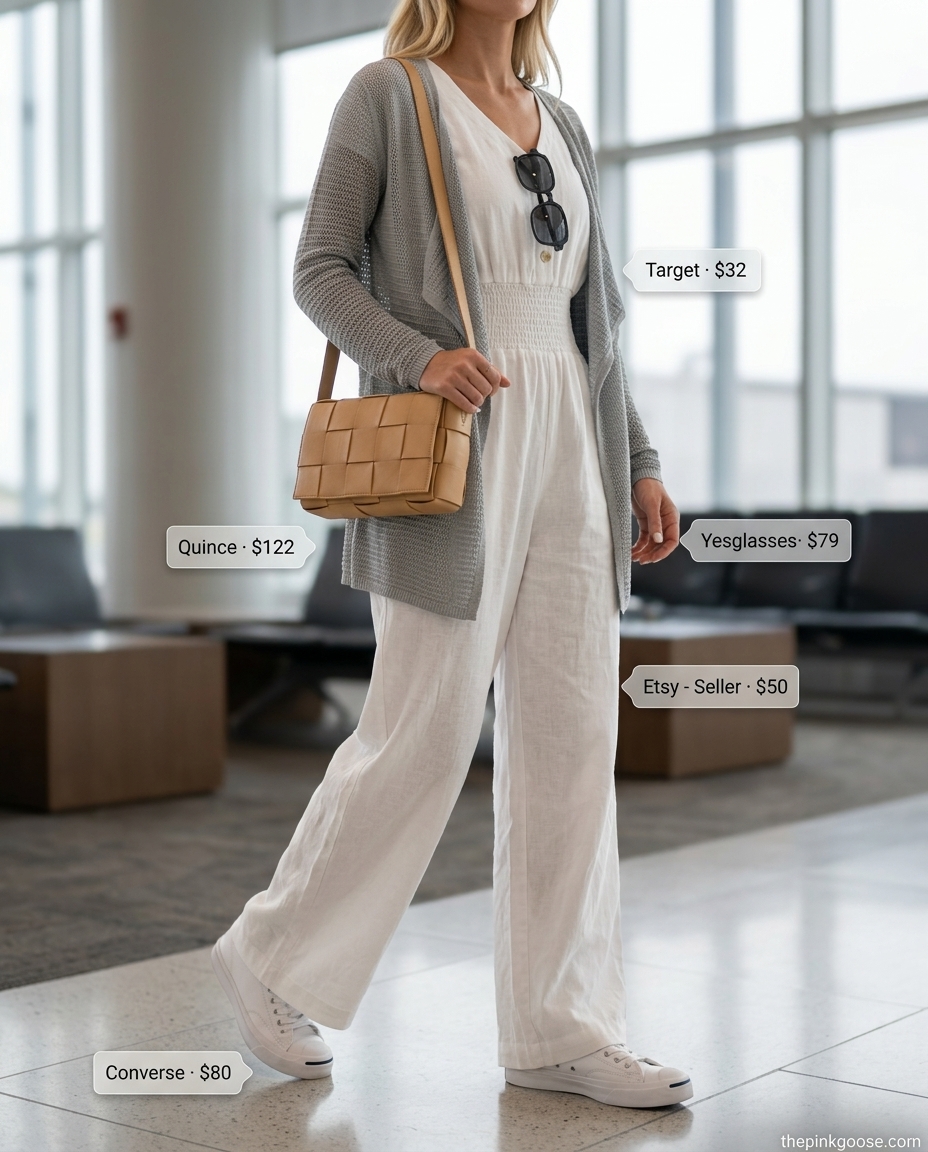 Travel summer outfits with white sneakers 2026: White jumpsuit, cardigan, sunglasses, crossbody bag, and white sneakers.