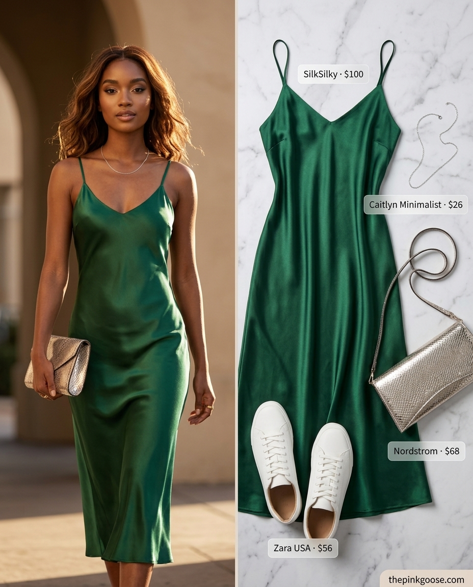 Emerald green slip dress with white sneakers, chic summer outfits with white sneakers 2026 for a night out.