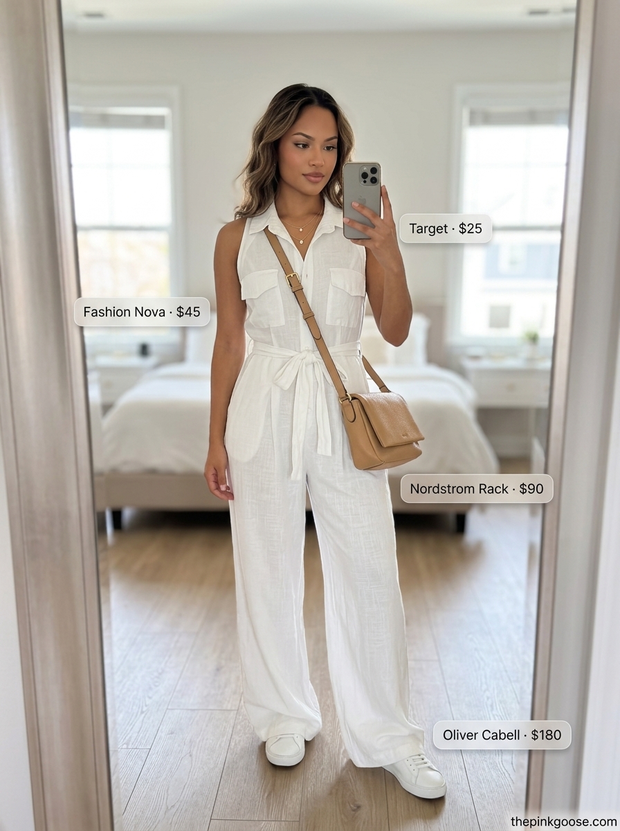 White linen jumpsuit with white sneakers, effortless summer outfits with white sneakers 2026 for travel.