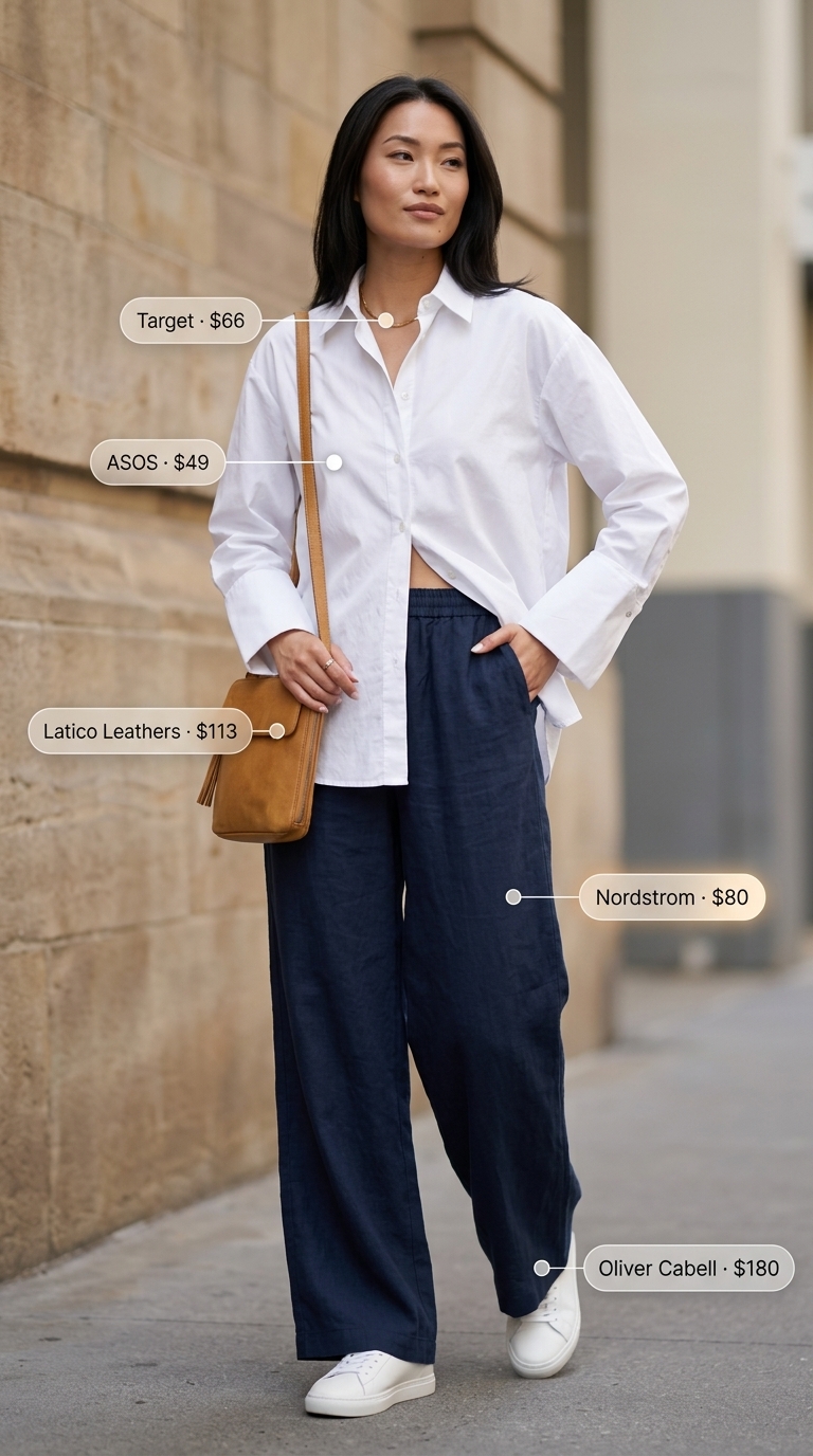 Navy wide-leg pants and white oversized shirt with white sneakers, chic summer outfits with white sneakers 2026 for city.