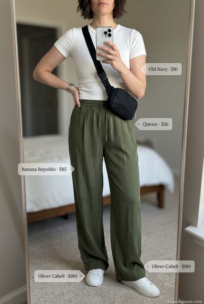 Olive green wide-leg pants and white tee with white sneakers, urban summer outfits with white sneakers 2026 for exploring.