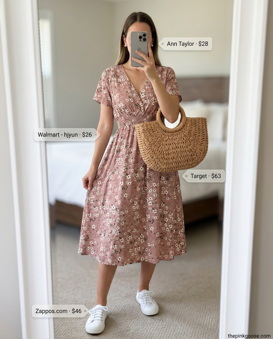 Pastel pink floral dress with white sneakers, sweet summer outfits with white sneakers 2026 for a picnic.