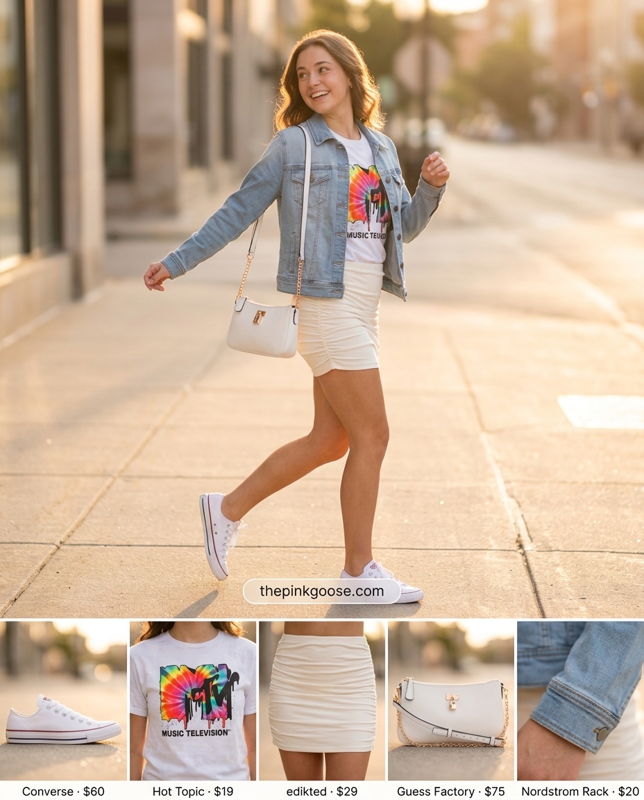 Playful summer outfits with white sneakers 2026: Graphic tee, denim jacket, mini skirt, and white sneakers.
