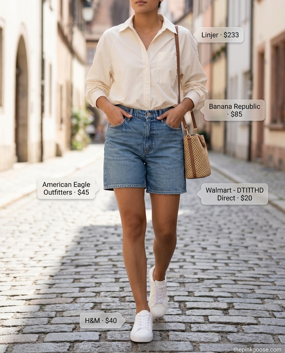 Classic summer outfits with white sneakers 2026: Denim shorts, oversized shirt, and white sneakers.