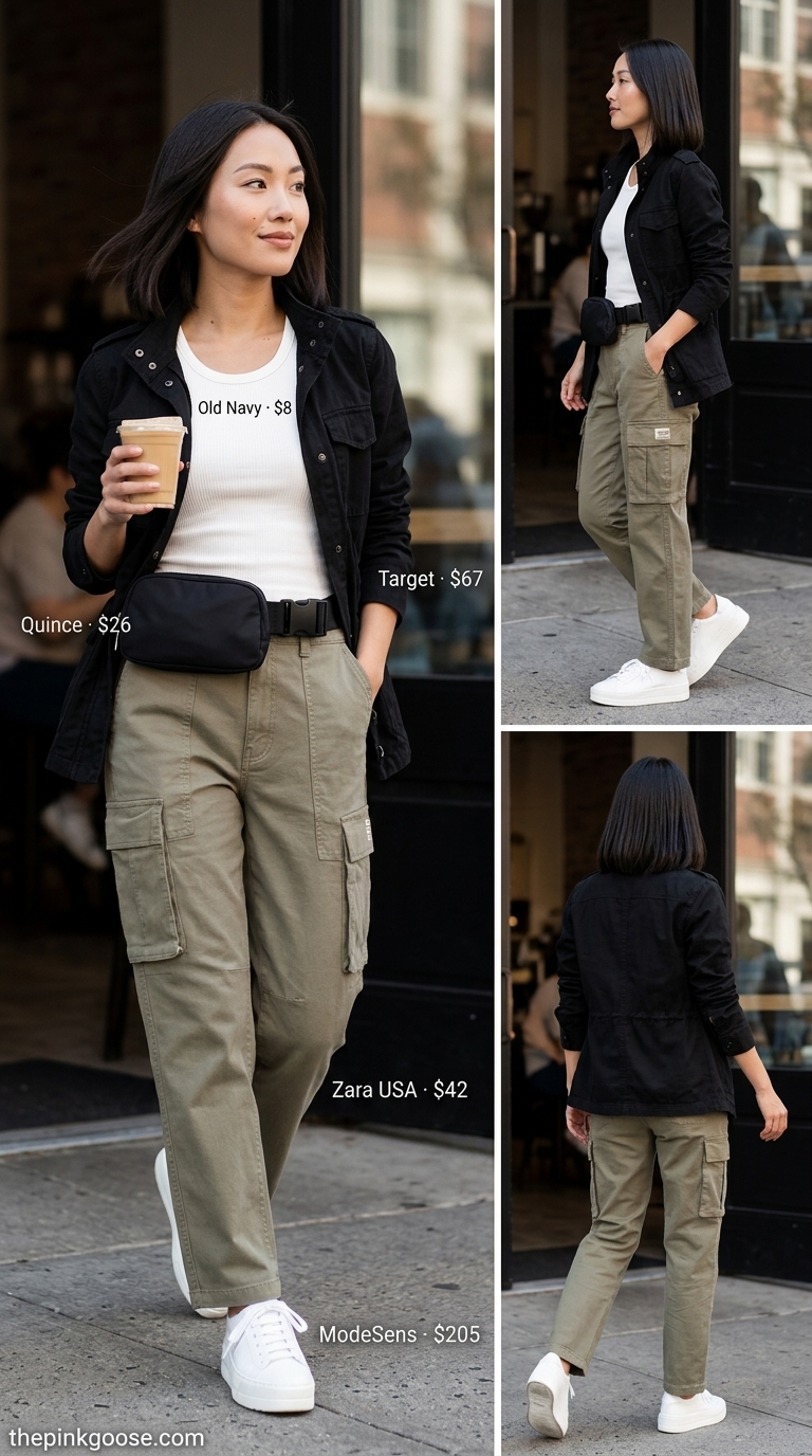 Urban summer outfits with white sneakers 2026: Khaki cargo pants, utility jacket, white tank, and chunky sneakers.