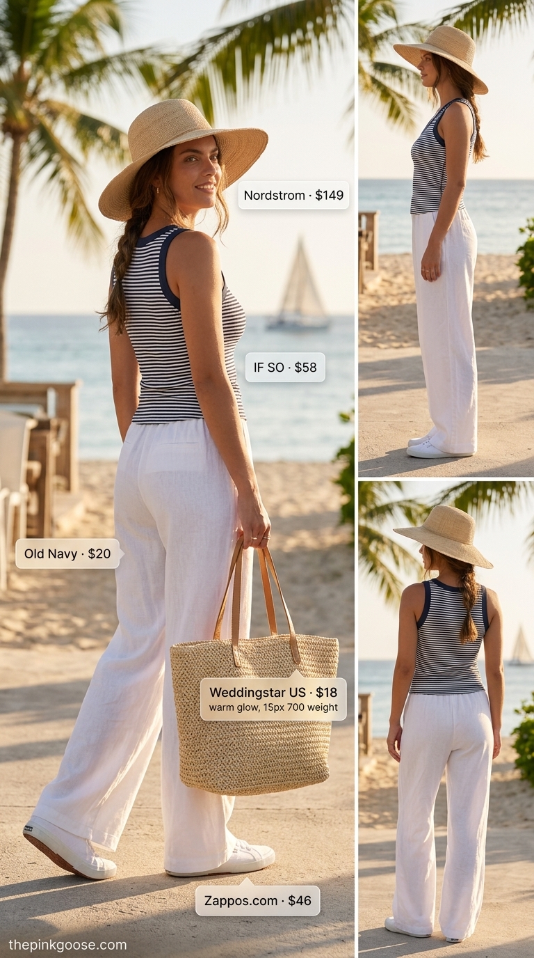 Vacation summer outfits with white sneakers 2026: White linen pants, striped tank, straw hat, tote, and white sneakers.
