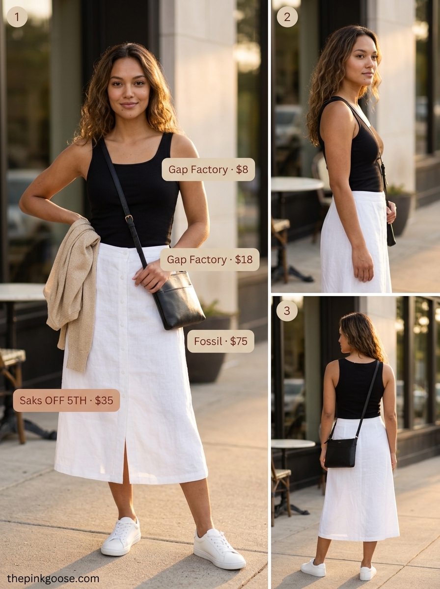Brunch summer outfits with white sneakers 2026: White midi skirt, black tank, cardigan, and white leather sneakers.