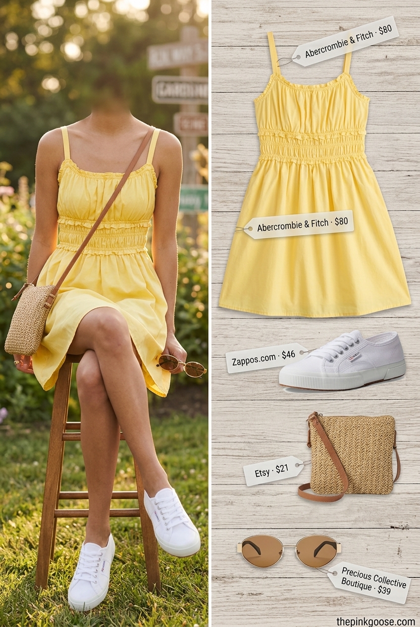 Bright yellow sundress with white sneakers, perfect summer outfits with white sneakers 2026 for a sunny day out.