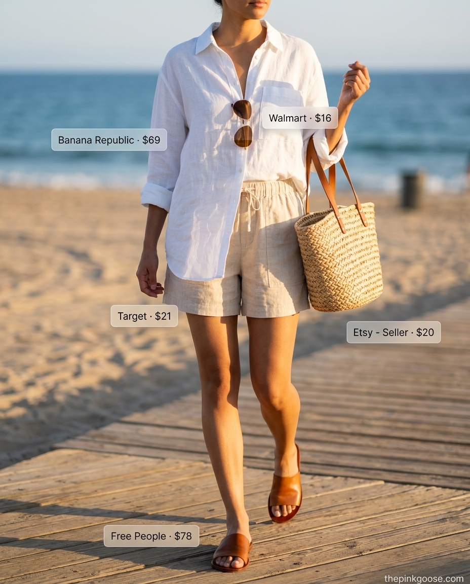 Summer outfits for women with olive skin tone 2026: Beige linen shorts with white shirt and slides for a relaxed beach day.