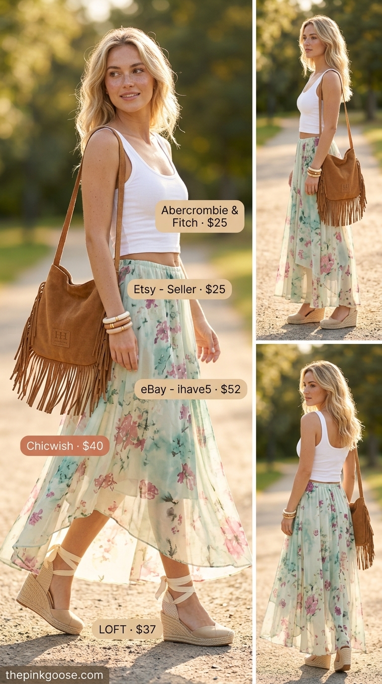 Boho floral maxi skirt with white tank top for summer outfits for women with blonde hair 2026.