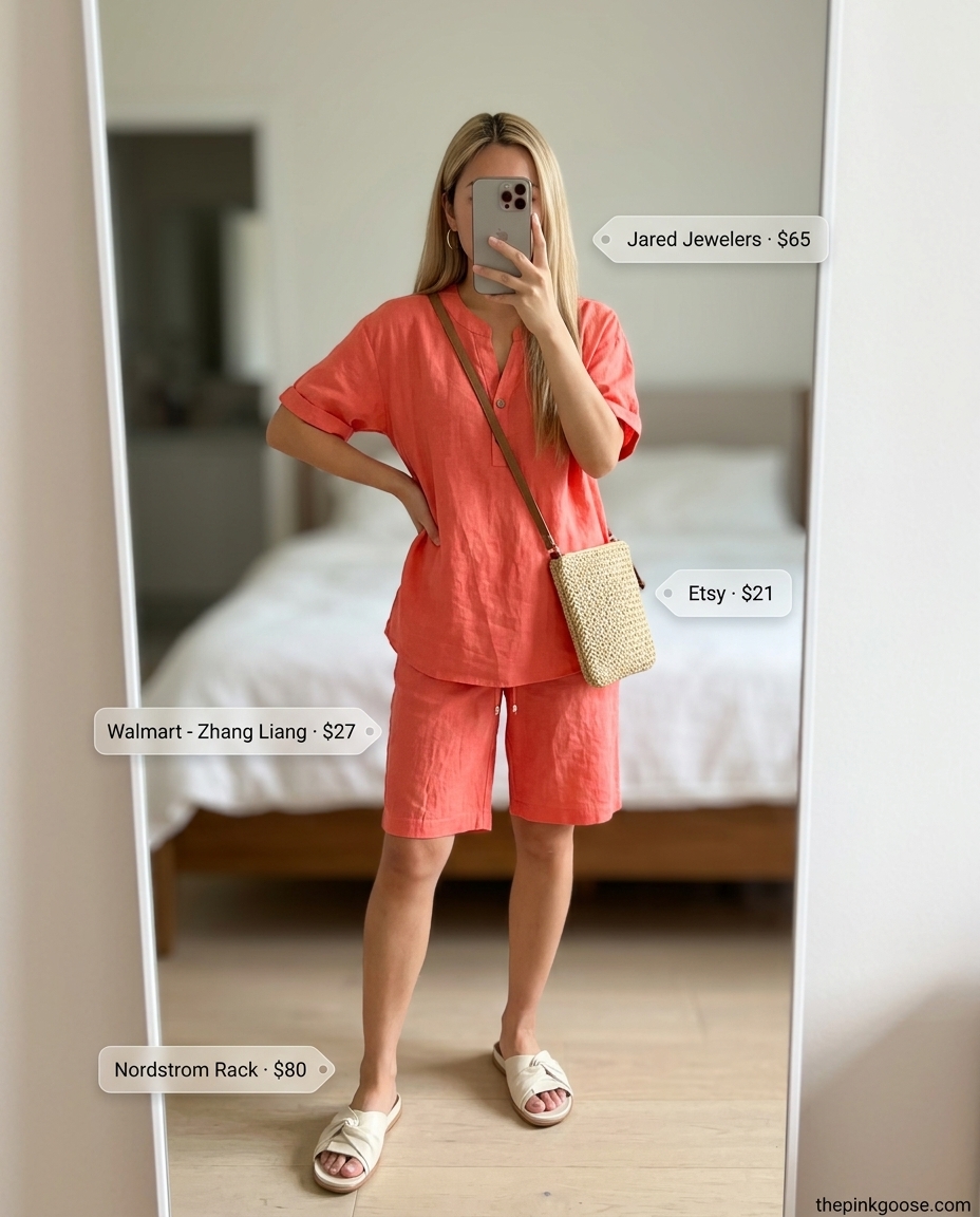 Summer outfits for women with blonde hair 2026: Coral linen set with cream sandals for a relaxed brunch look.