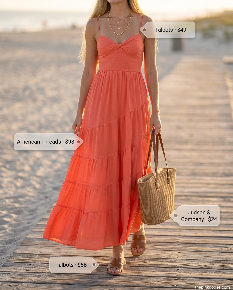 Summer outfits for women with blonde hair 2026: Coral maxi dress, layered gold necklaces, straw tote for beach evenings.
