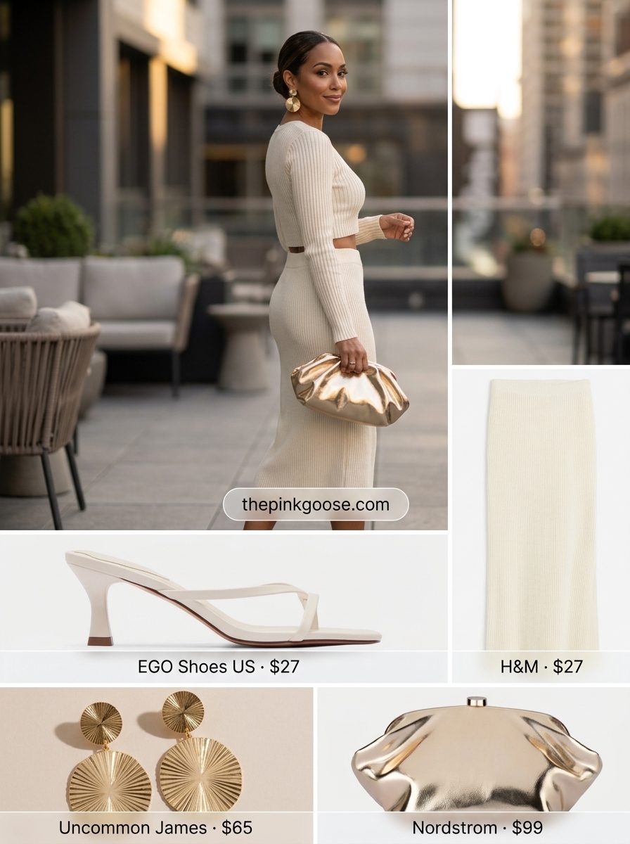 Cream knit midi skirt set for summer outfits for women with blonde hair 2026.