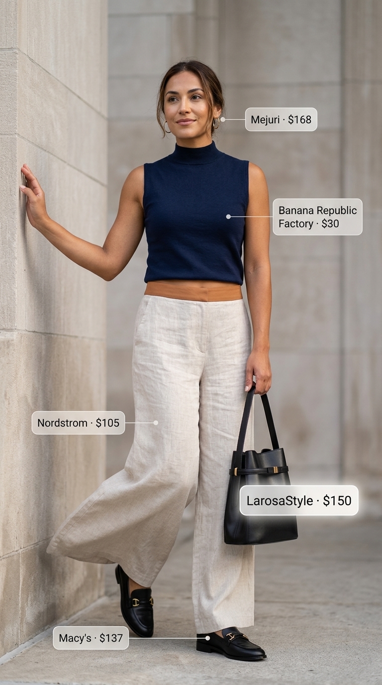 Summer outfits for women with blonde hair 2026: Cream linen trousers, navy knit top, loafers for work or travel.