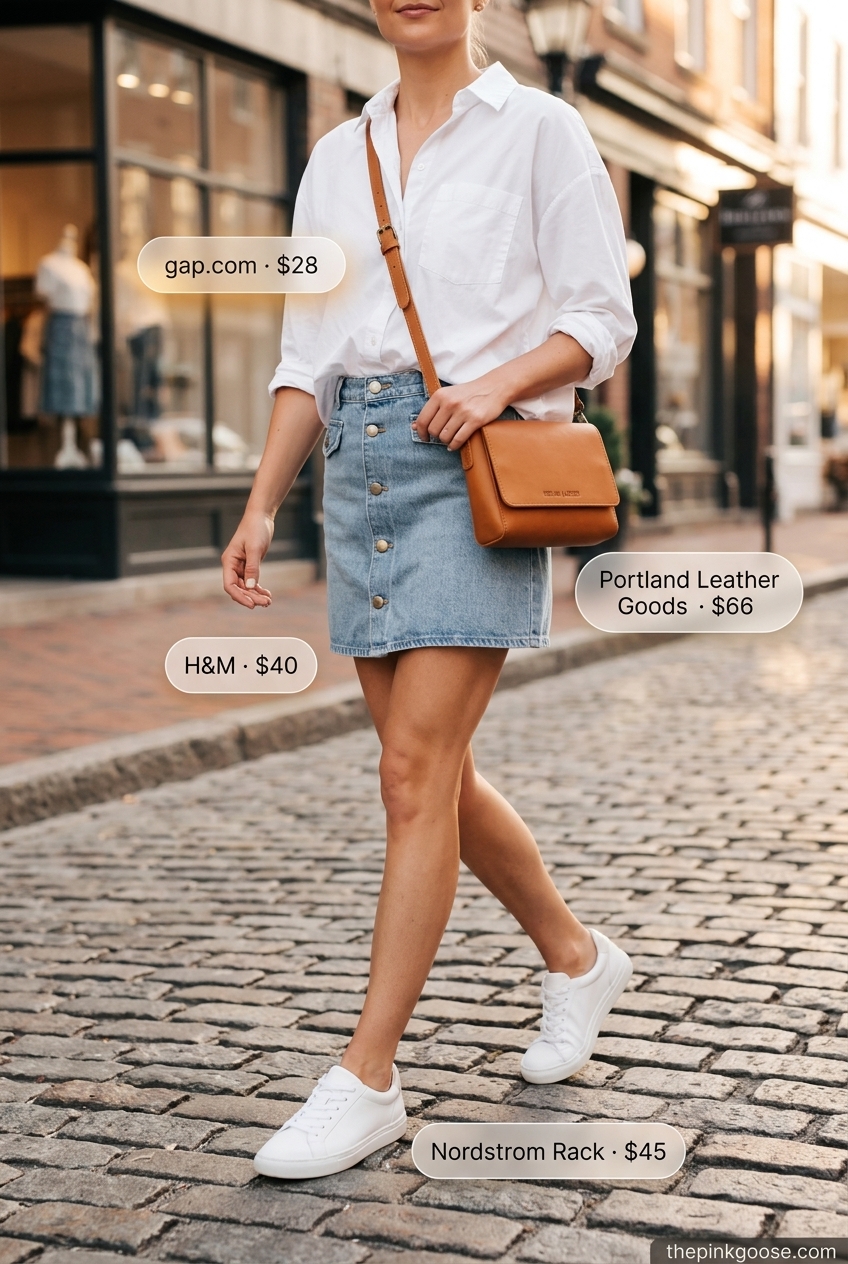Denim mini skirt and white button-down for summer outfits for women with blonde hair 2026.