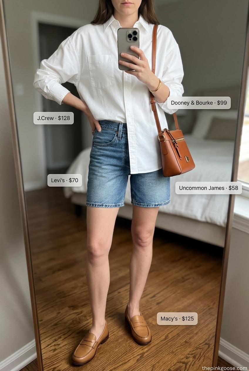Summer outfits for women with blonde hair 2026: Chic denim shorts with white button-down and loafers.