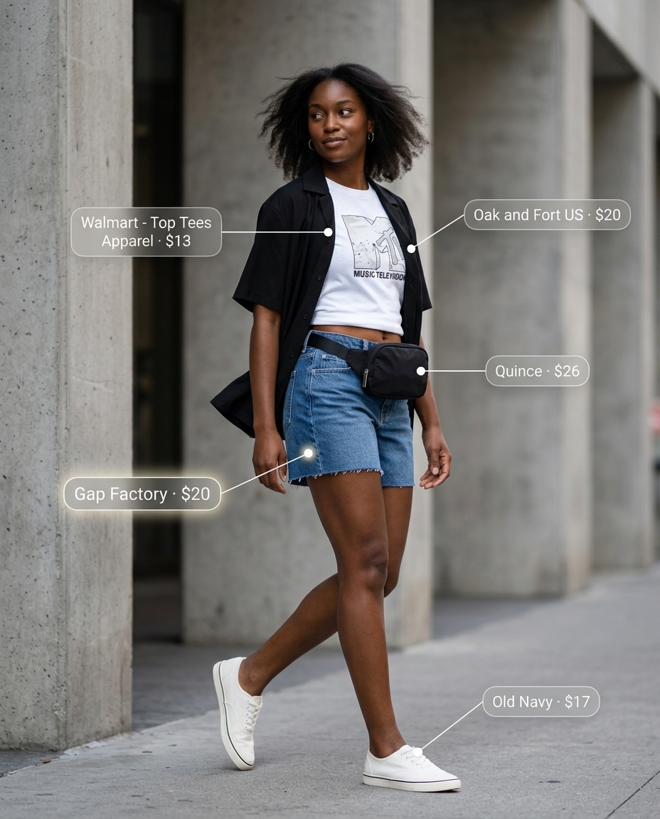 Denim shorts and oversized shirt for summer outfits for women with blonde hair 2026.