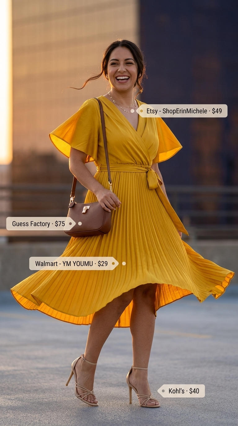 Summer outfits for women with blonde hair 2026: Golden yellow wrap dress, strappy heels, crossbody bag for evening events.