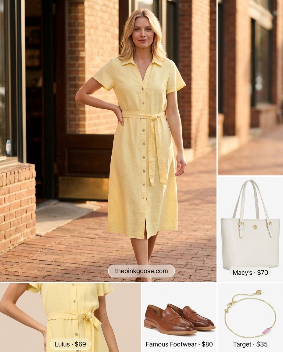Pale yellow linen shirt dress for summer outfits for women with blonde hair 2026.