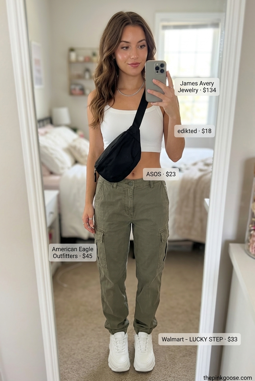 Olive green cargo pants and white crop top for summer outfits for women with blonde hair 2026.