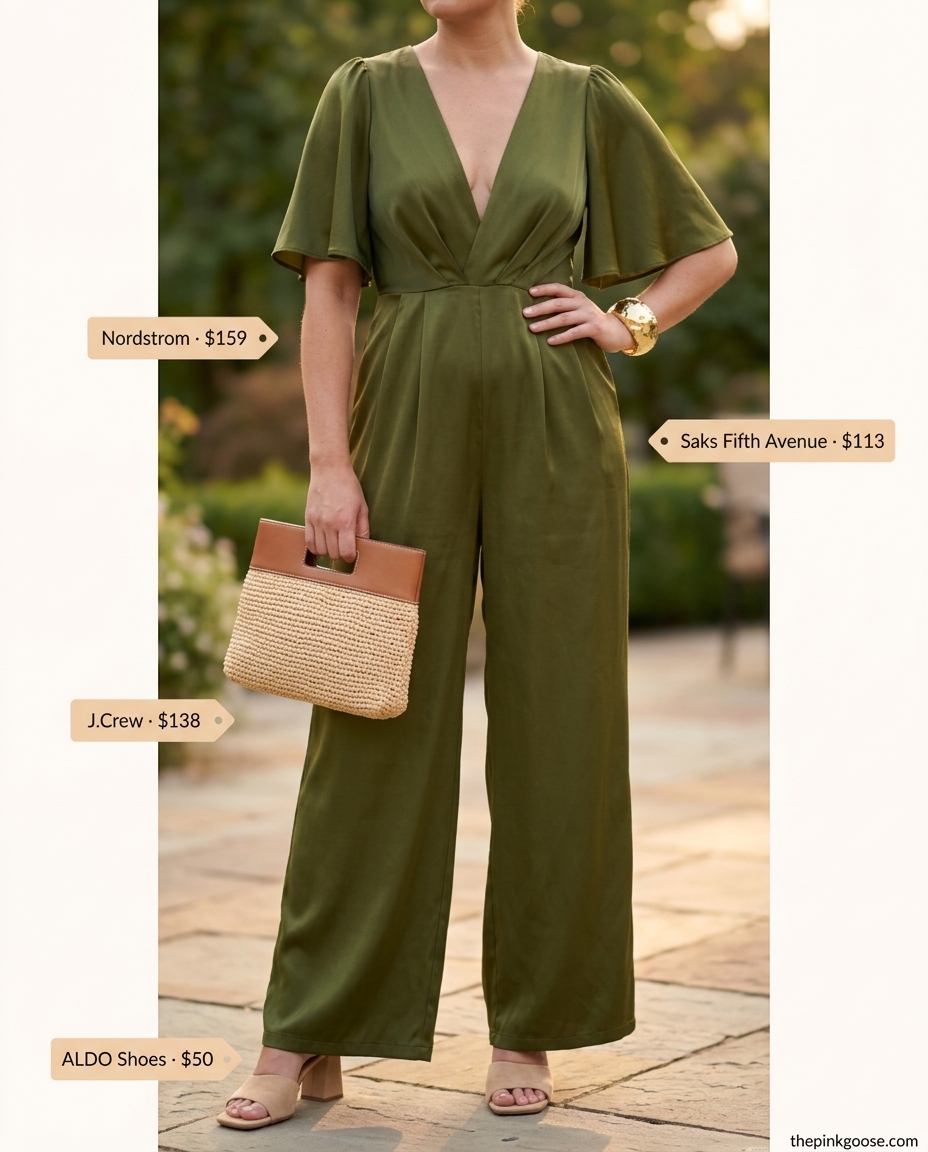 Summer outfits for women with blonde hair 2026: Olive green wide-leg jumpsuit, heeled mules, clutch for evening.