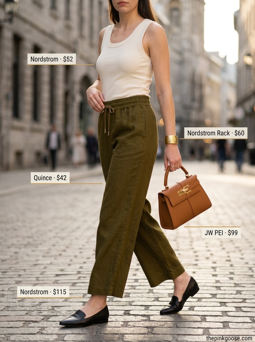 Summer outfits for women with blonde hair 2026: Olive green linen pants, ribbed tank, loafers for city exploration.